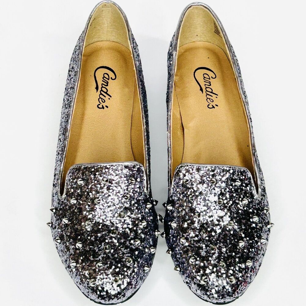 Candie's Shoes Women's 7 Silver Whimsigoth Metallic Sparkle Spike Slip On Flats